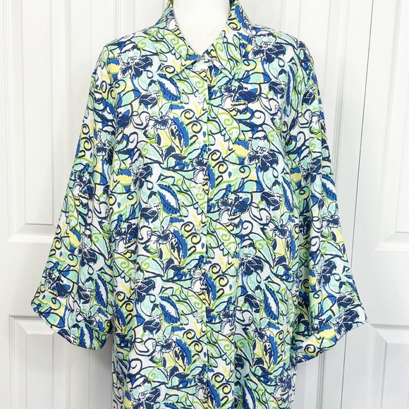 JM Collection Blue & Green Abstract Floral Linen Button Down Shirt 22W - Picture 1 of 16